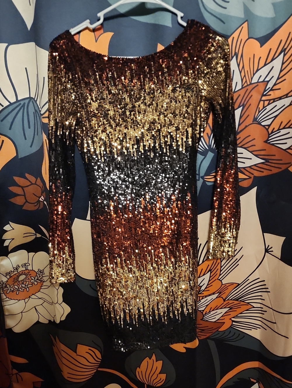 B Darlin Gold, Black & Bronze Sequin Long Sleeve Bodycon Dress